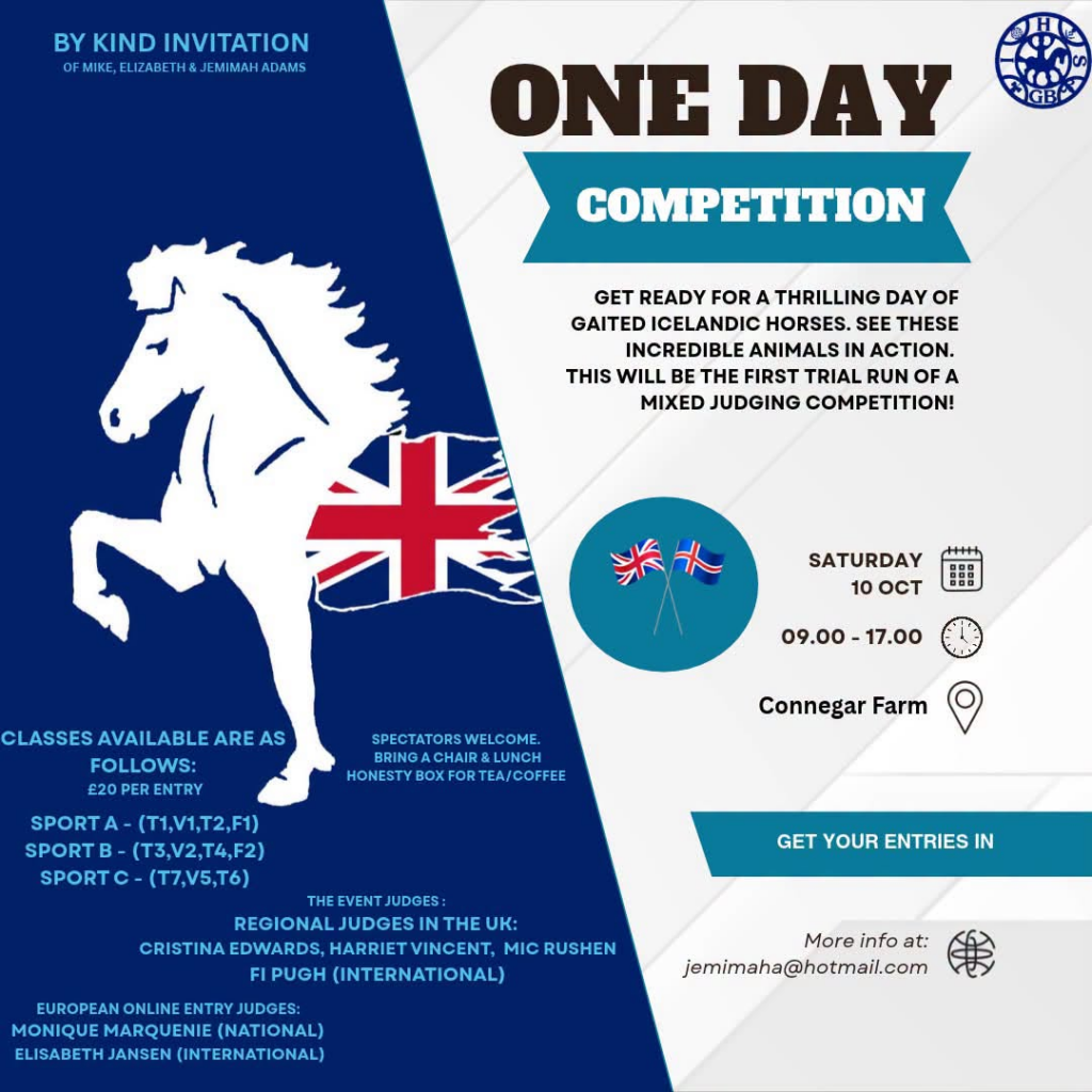 Poster for a One Day Competition at Connegar Farm on Saturday 10 October, 09.00 to 17.00, with a white tölting horse and the Union flag