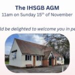 The IHSGB AGM, 11am on Sunday 15 November, at Callow End Village Hall, Upton Road, Callow End, Worcester WR2 4TA, shown in a photo of the hall, with the Society 40th anniversary logo either side.