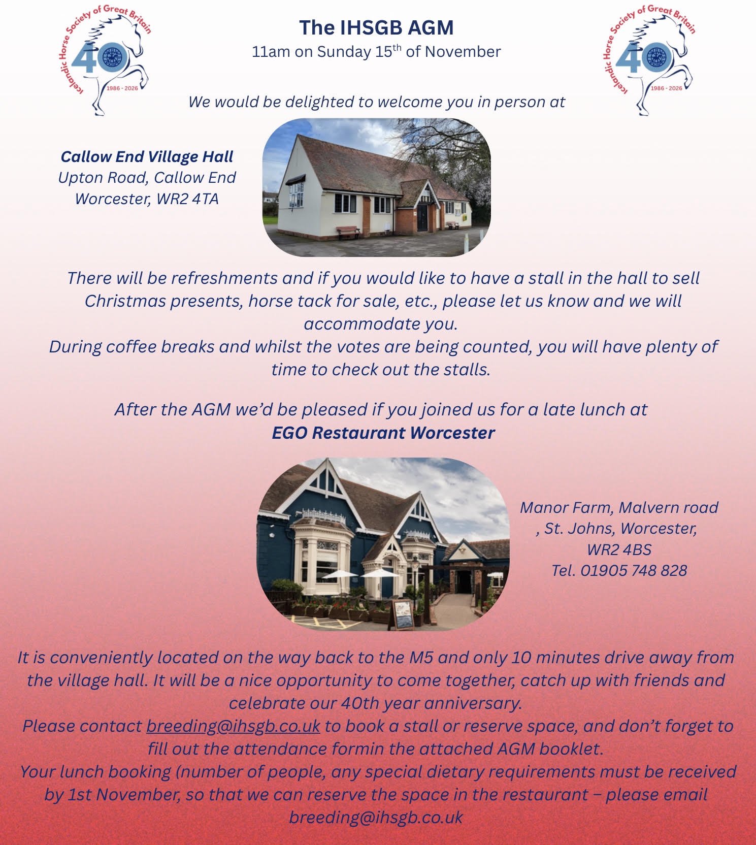 Flyer for the IHSGB AGM at 11am on Sunday 15 November 2026 at Callow End Village Hall, Upton Road, Callow End, Worcester WR2 4TA, with refreshments and stalls, followed by a late lunch at EGO Restaurant Worcester, Manor Farm, Malvern Road, St Johns, Worcester WR2 4BS (01905 748 828). To book a stall or lunch, email breeding@ihsgb.co.uk by 1 November.